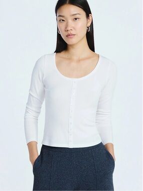 Scoop Cream Lace Trim Scoop Neck Ribbed Long Sleeve Tee